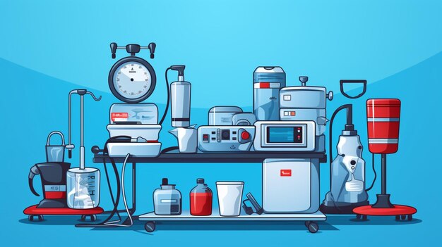 Vector a drawing of a kitchen with a blue background with a picture of kitchen appliances