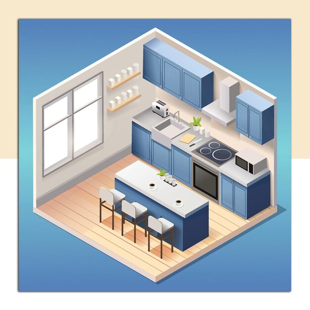 a drawing of a kitchen with a blue kitchen and a stove