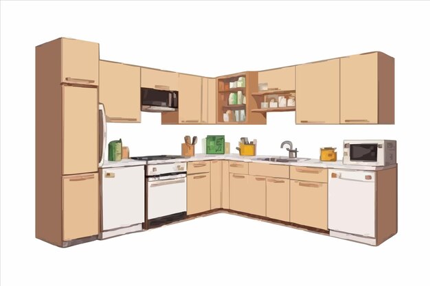 Vector a drawing of a kitchen with a stove and a refrigerator