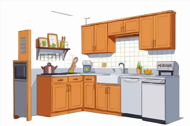 Vector a drawing of a kitchen with a stove and a sink