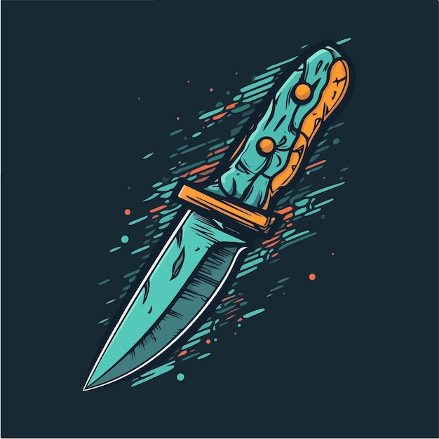 A drawing of a knife with a blue handle and the words the knife on the bottom