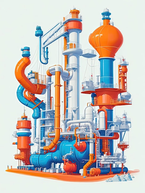 주황색과 파란색 튜브가 있는 대규모 산업 공장의 그림.