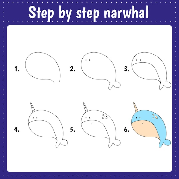 Drawing lesson for children How draw narwhal Drawing tutorial with funny animal Step by step repeats the picture Kids activity art page for book Vector illustration