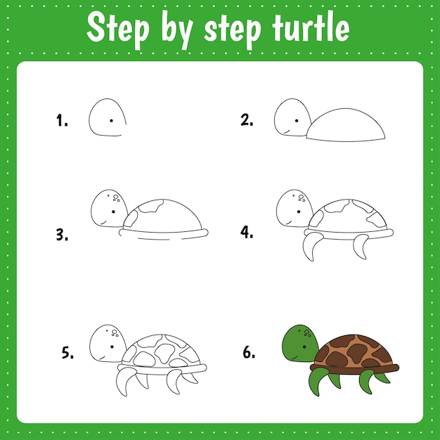 Drawing lesson for children How draw a turtle Drawing tutorial for kids Step by step repeats the picture Kids activity art page for book Vector illustration