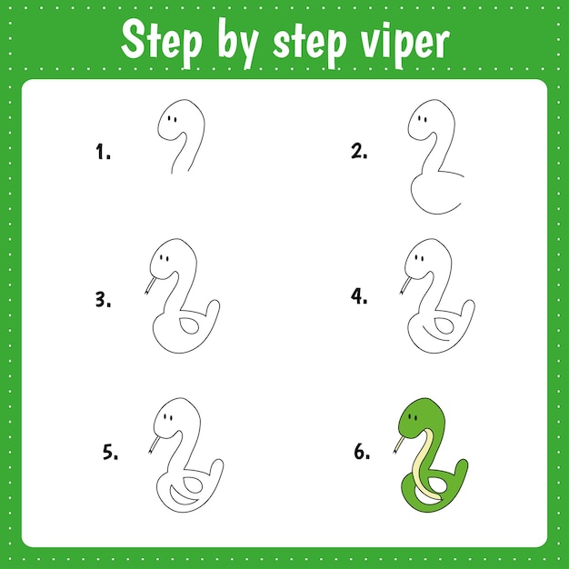 Drawing lesson for children How draw a viper Drawing tutorial for kids Step by step repeats the picture Kids activity art page for book Vector illustration