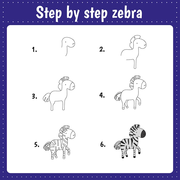 Drawing lesson for children How draw a zebra Drawing tutorial for kids Step by step repeats the picture Kids activity art page for book Vector illustration