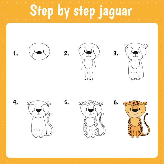Урок рисования для детей как нарисовать ягуара учебник рисования с забавным животным шаг за шагом повторяет картинку детская художественная страница для книги векторная иллюстрация