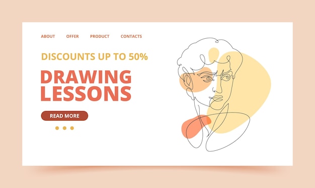 Drawing lesson website template with continuous line style portrait of David for print and design Vector illustration