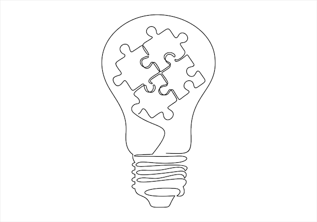 A drawing of a light bulb with puzzle pieces inside it.