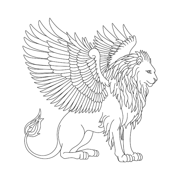 A drawing of a lion with wings and a tail.