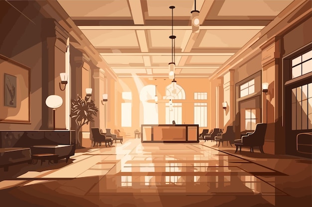 A drawing of a lobby with a fireplace and a chair.