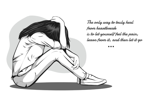 Drawing of Lonely sad girl and hug his knees sitting on the floor