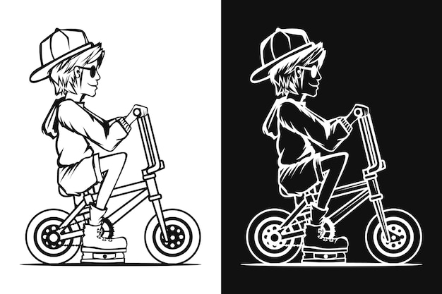 Drawing of man cycling in black and white for coloring book