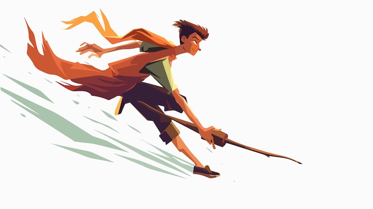 Vector a drawing of a man flying a long stick with a woman holding a long stick