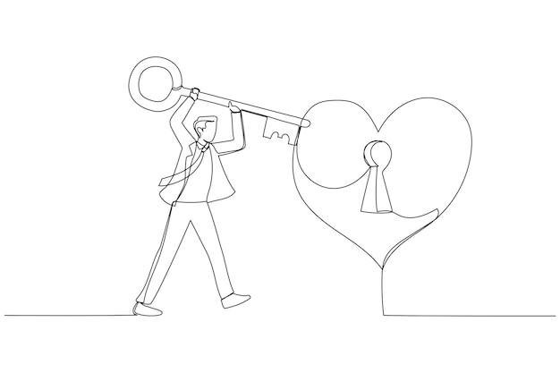 Drawing of man hand holding a big key for a woman's heart metaphor for love single line art style