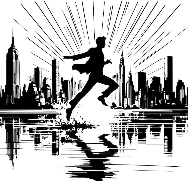 Vector a drawing of a man jumping over a body of water with a city in the background