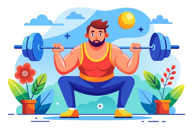 a drawing of a man lifting a barbell with a blue background