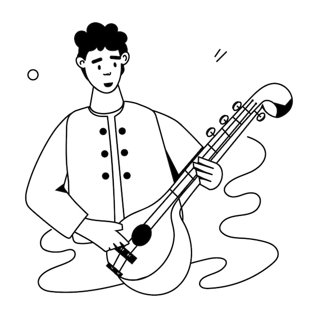 Vector a drawing of a man playing a guitar with a guitar in the background