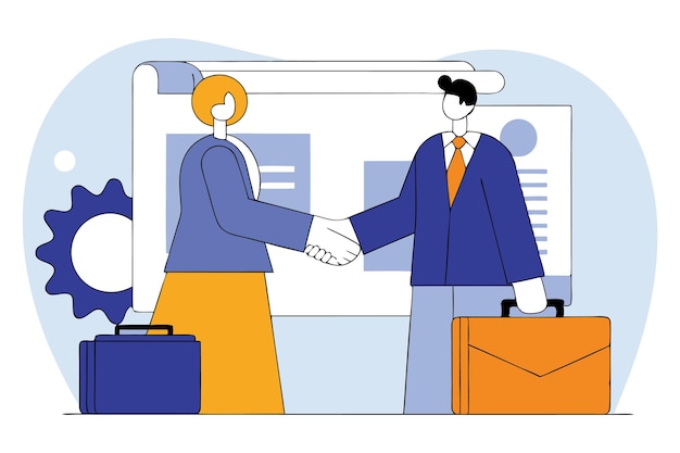 a drawing of a man shaking hands with another woman