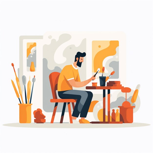 Vector a drawing of a man sitting at a table with a pencil and a picture of a man sitting at a table