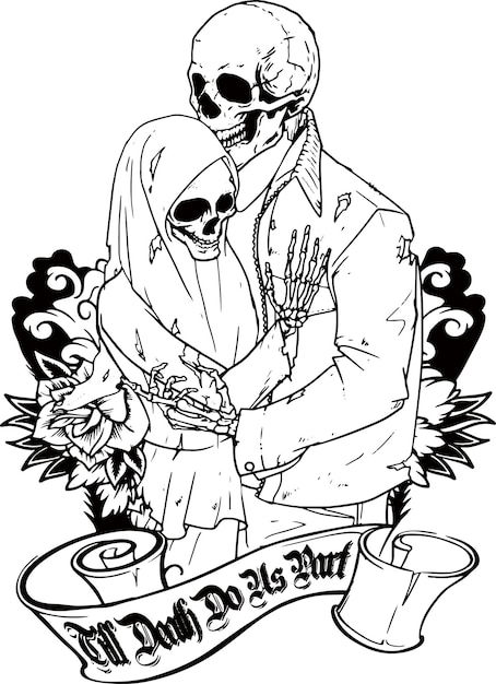 A drawing of a man and a skeleton holding a cup of coffeeillustration of two skull hugging and lovi