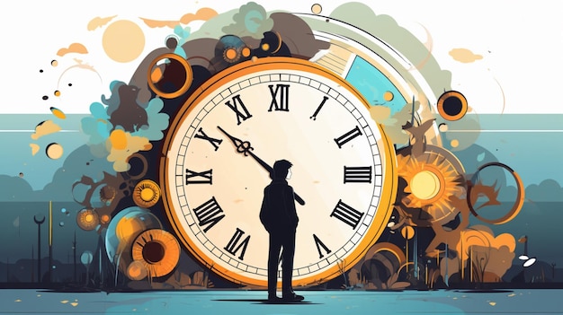 Vector a drawing of a man standing in front of a clock with the words quot the time of 11 05 quot