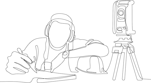 A drawing of a man wearing a headphones and a microphone.