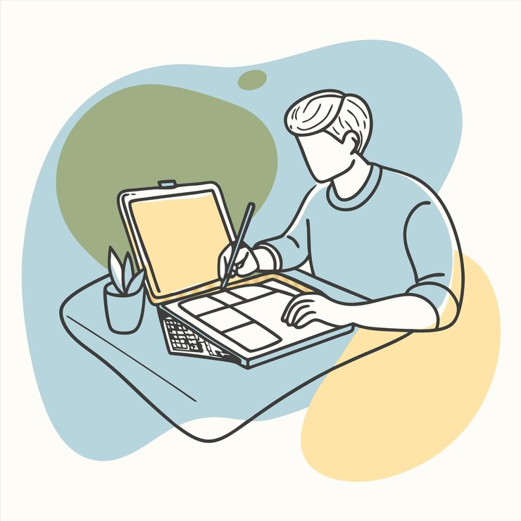 Vector a drawing of a man with a laptop on his desk