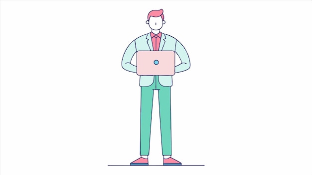 a drawing of a man with a pink and green jacket on and a pink laptop