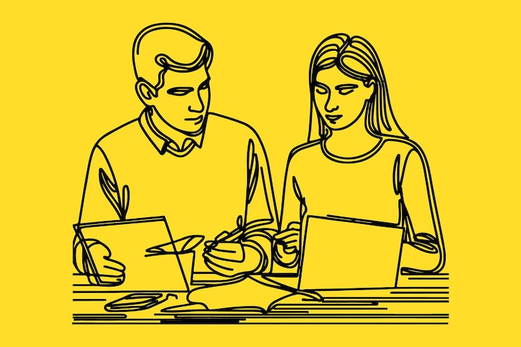 Vector a drawing of a man and a woman looking at a table with food