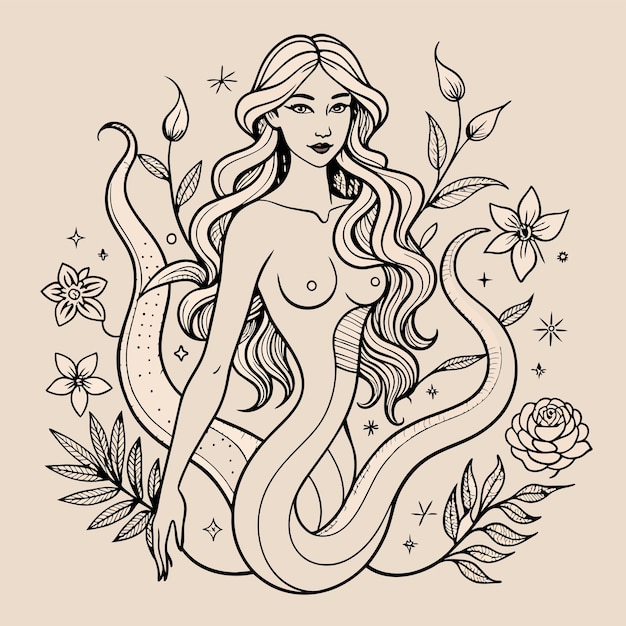 a drawing of a mermaid with flowers and plants