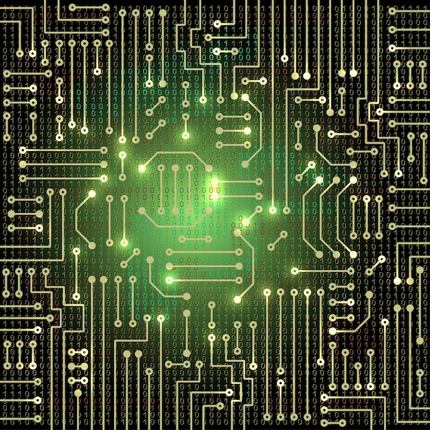 青い汚れた背景に現代の電子回路とバイナリコードを描く