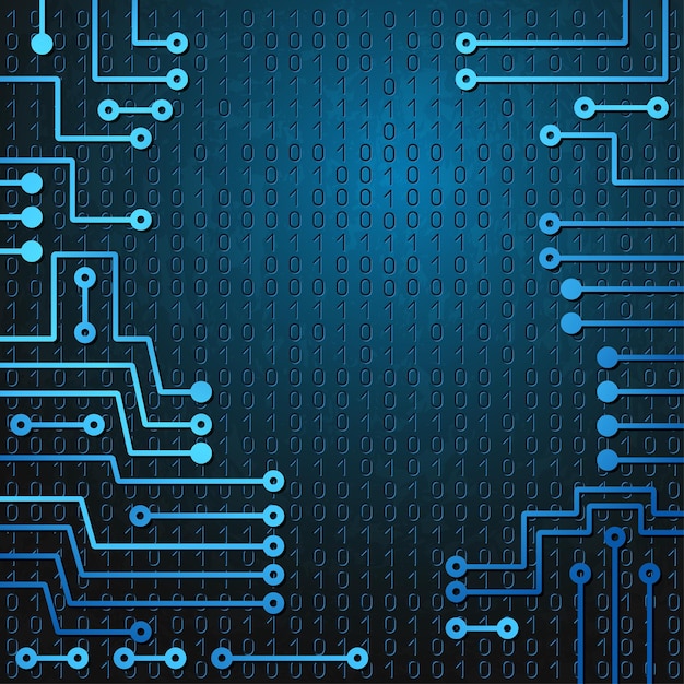 Drawing modern electronic circuit and binary code on blue grungy background