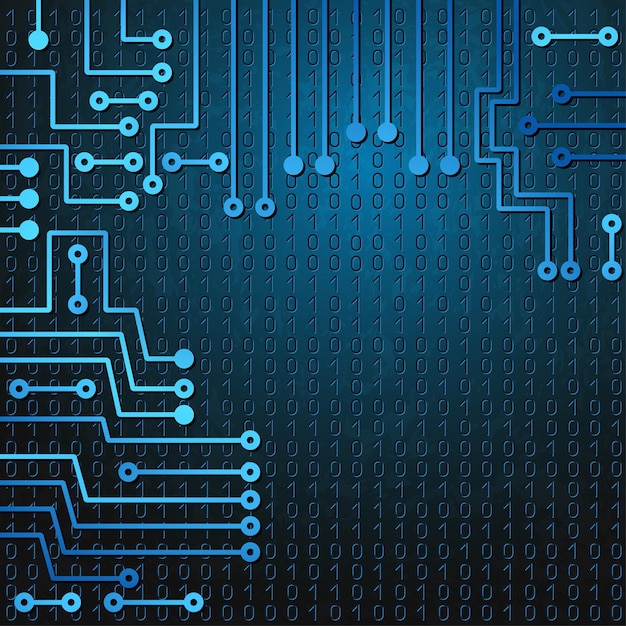 Drawing modern electronic circuit and  binary code on blue grungy background