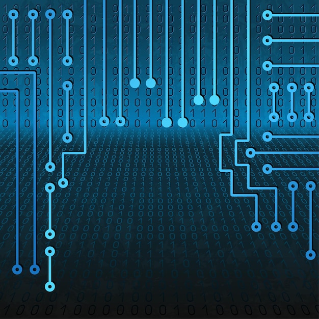 Drawing modern electronic circuit and  binary code on blue grungy background