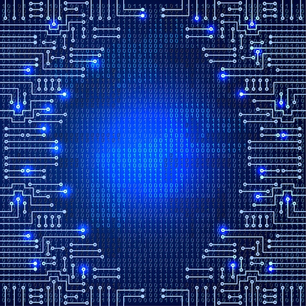 Disegno di un moderno circuito elettronico e codice binario su sfondo blu grungy