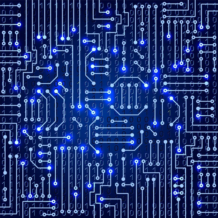 Vector drawing modern electronic circuit on blue background