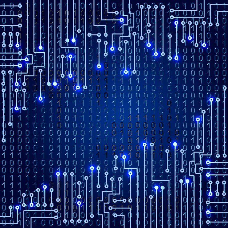 Vector drawing modern electronic circuit on blue background
