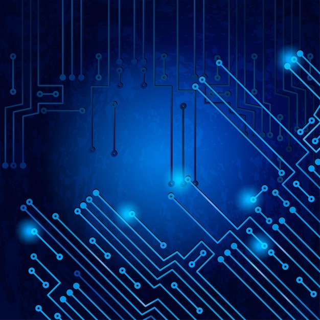 Drawing modern electronic circuit on blue grungy background