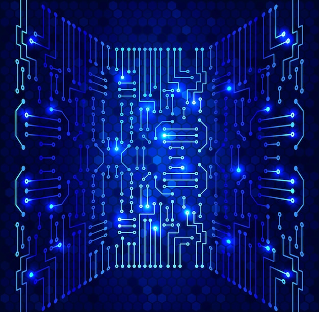 Drawing modern electronic circuit on cells pattern and blue glowing background