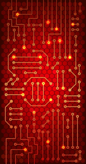 Vettore disegno di un circuito elettronico moderno sul modello di celle e sullo sfondo rosso brillante