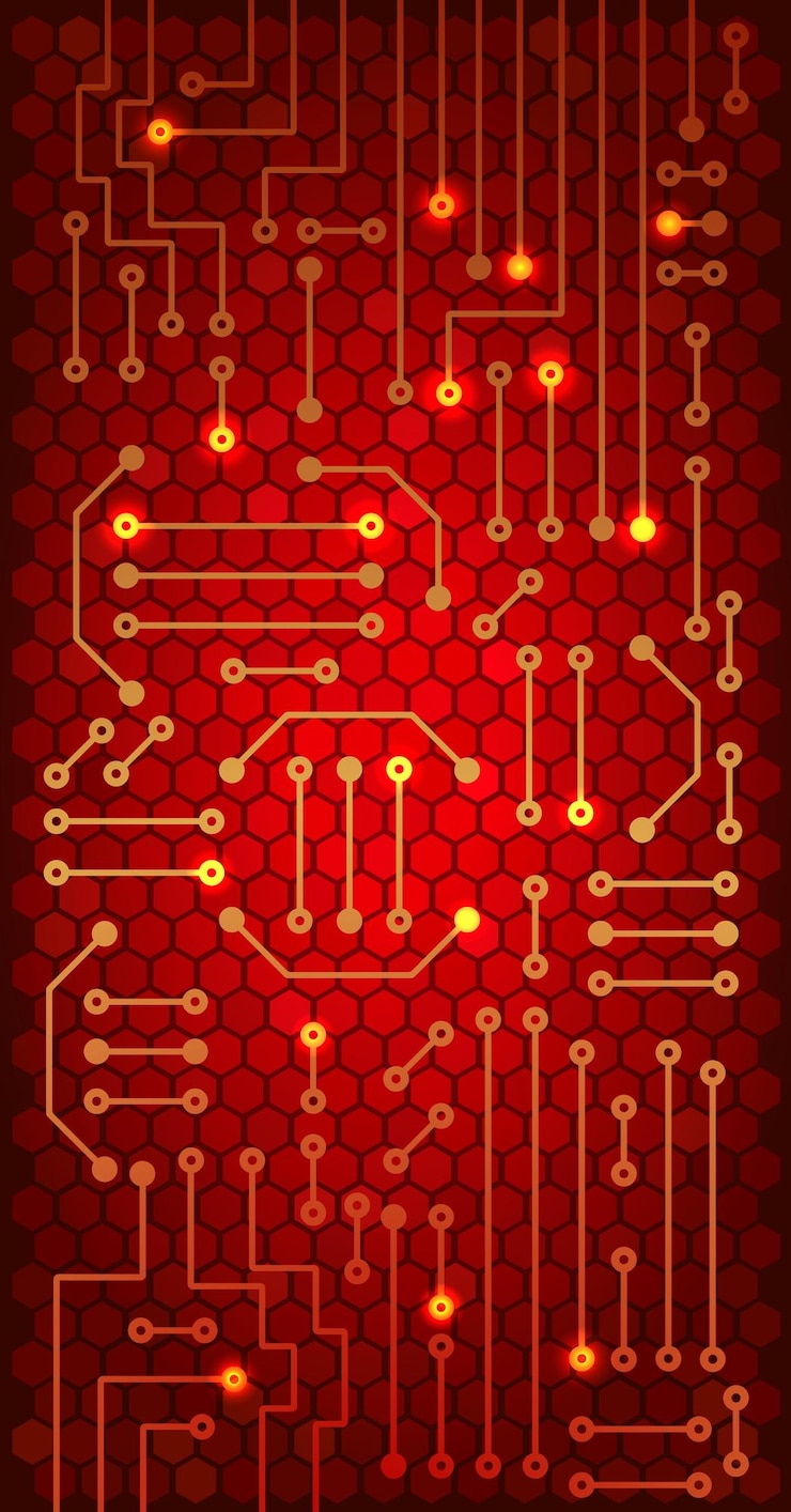 Vector drawing modern electronic circuit on cells pattern and red glowing background