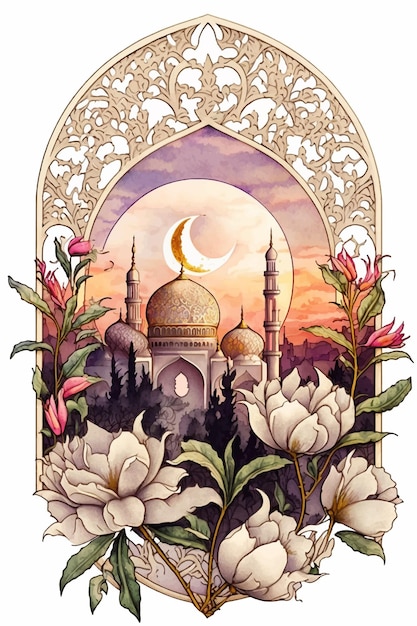 A drawing of a mosque with flowers and a moon in the background