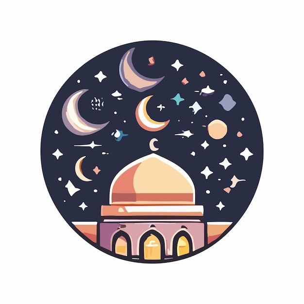 Vector a drawing of a mosque with the moon and stars