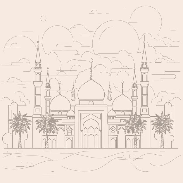 Vector a drawing of a mosque with palm trees in the background