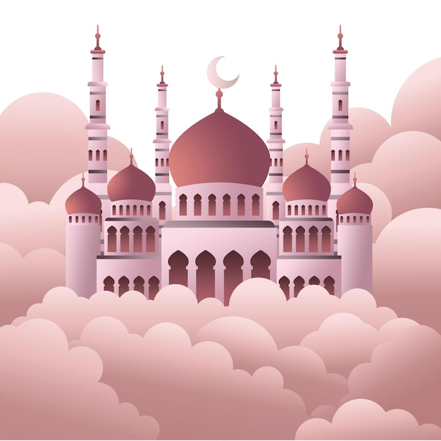 a drawing of a mosque with a pink and white cloud in the background