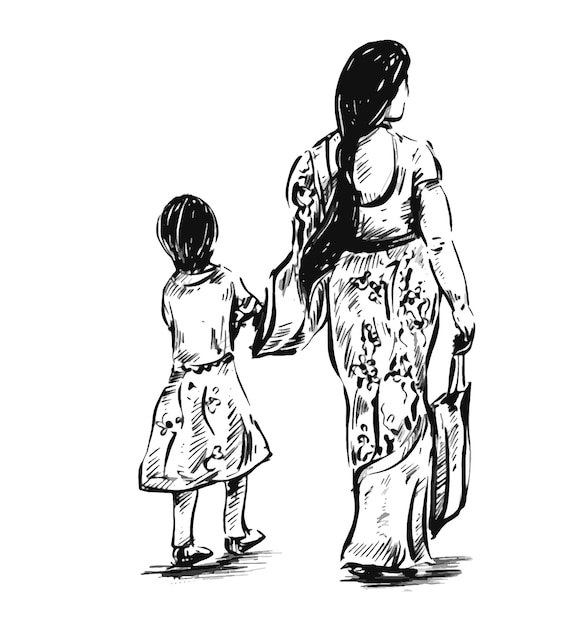 Disegno di una madre e una figlia che camminano al mercato in india