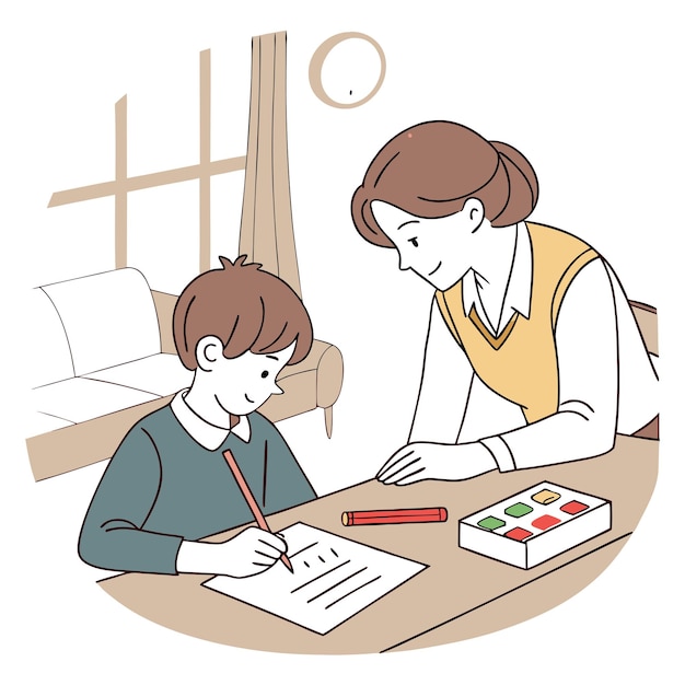 어머니 와 아들 이 숙제를 하고 있는 그림