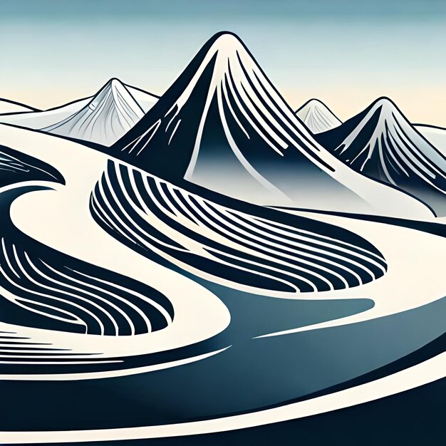 Vector a drawing of a mountain landscape with mountains in the background.