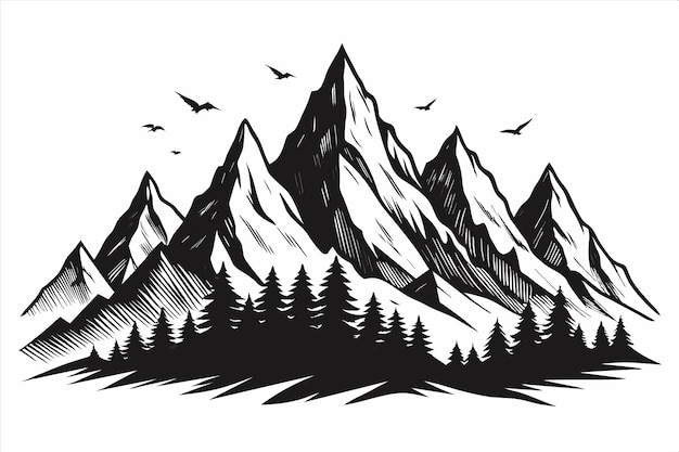 a drawing of a mountain with a bird flying in the sky